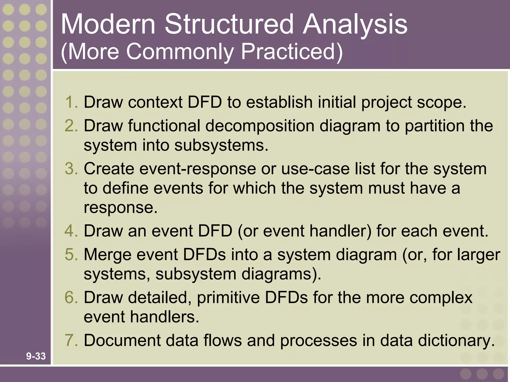 Modern Structured Analysis
       (More Commonly Practiced)

       1. Draw context DFD to establish initial project scope.
       2. Draw functional decomposition diagram to partition the
          system into subsystems.
       3. Create event-response or use-case list for the system
          to define events for which the system must have a
          response.
       4. Draw an event DFD (or event handler) for each event.
       5. Merge event DFDs into a system diagram (or, for larger
          systems, subsystem diagrams).
       6. Draw detailed, primitive DFDs for the more complex
          event handlers.
       7. Document data flows and processes in data dictionary.
9-33
 