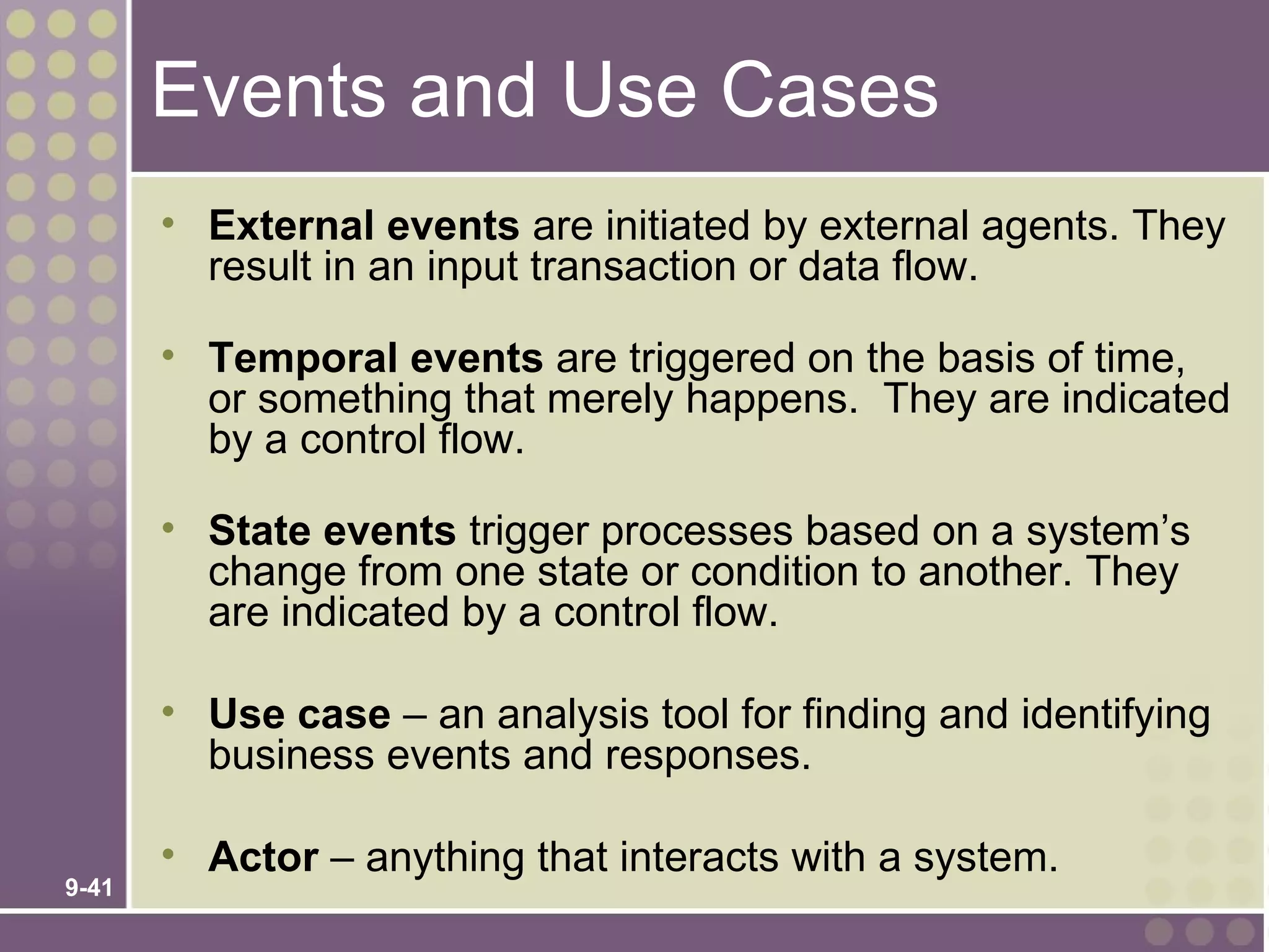 Events and Use Cases
       • External events are initiated by external agents. They
         result in an input transaction or data flow.

       • Temporal events are triggered on the basis of time,
         or something that merely happens. They are indicated
         by a control flow.

       • State events trigger processes based on a system’s
         change from one state or condition to another. They
         are indicated by a control flow.

       • Use case – an analysis tool for finding and identifying
         business events and responses.

       • Actor – anything that interacts with a system.
9-41
 
