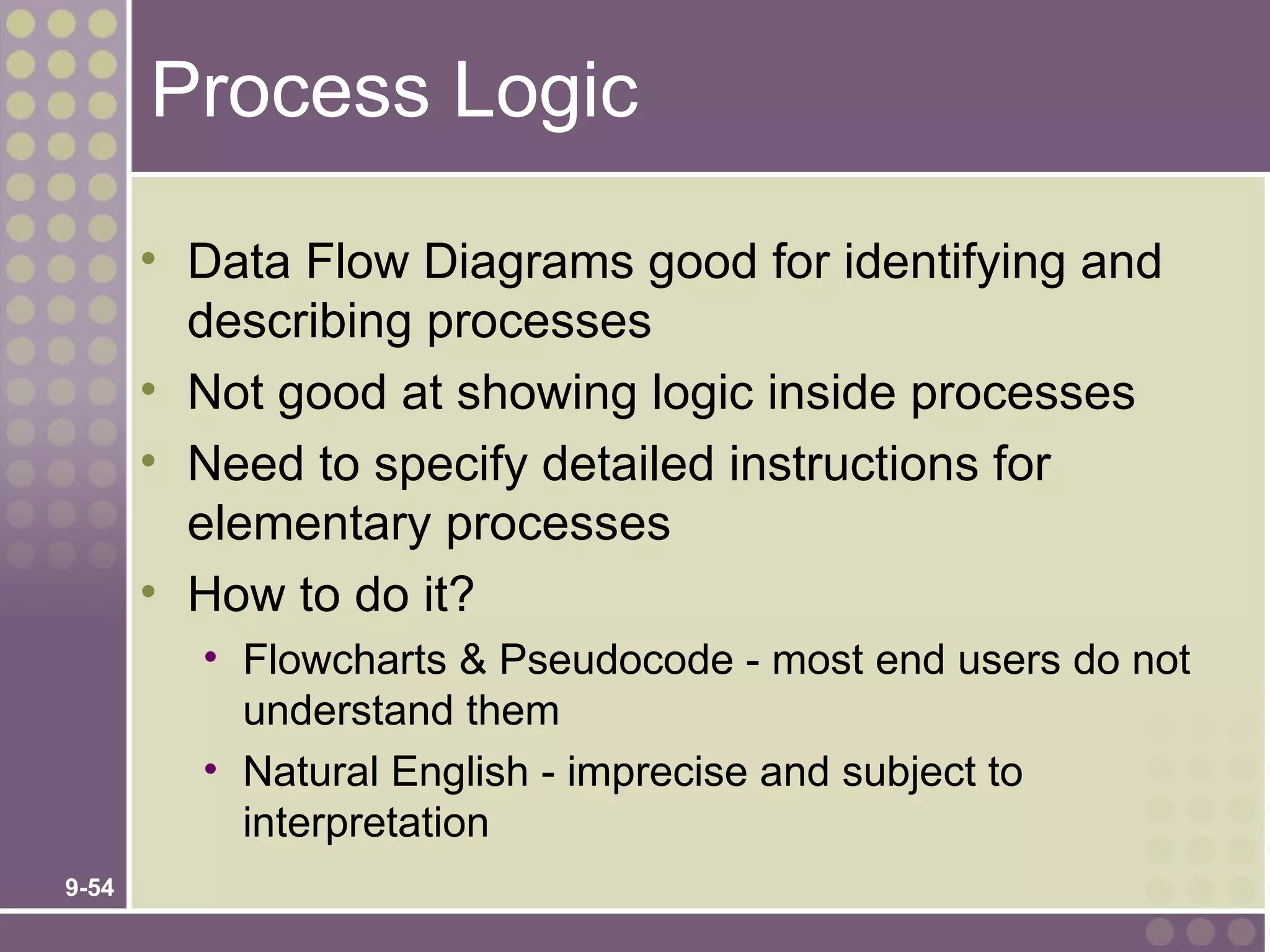 Process Logic

       • Data Flow Diagrams good for identifying and
         describing processes
       • Not good at showing logic inside processes
       • Need to specify detailed instructions for
         elementary processes
       • How to do it?
         • Flowcharts & Pseudocode - most end users do not
           understand them
         • Natural English - imprecise and subject to
           interpretation
9-54
 