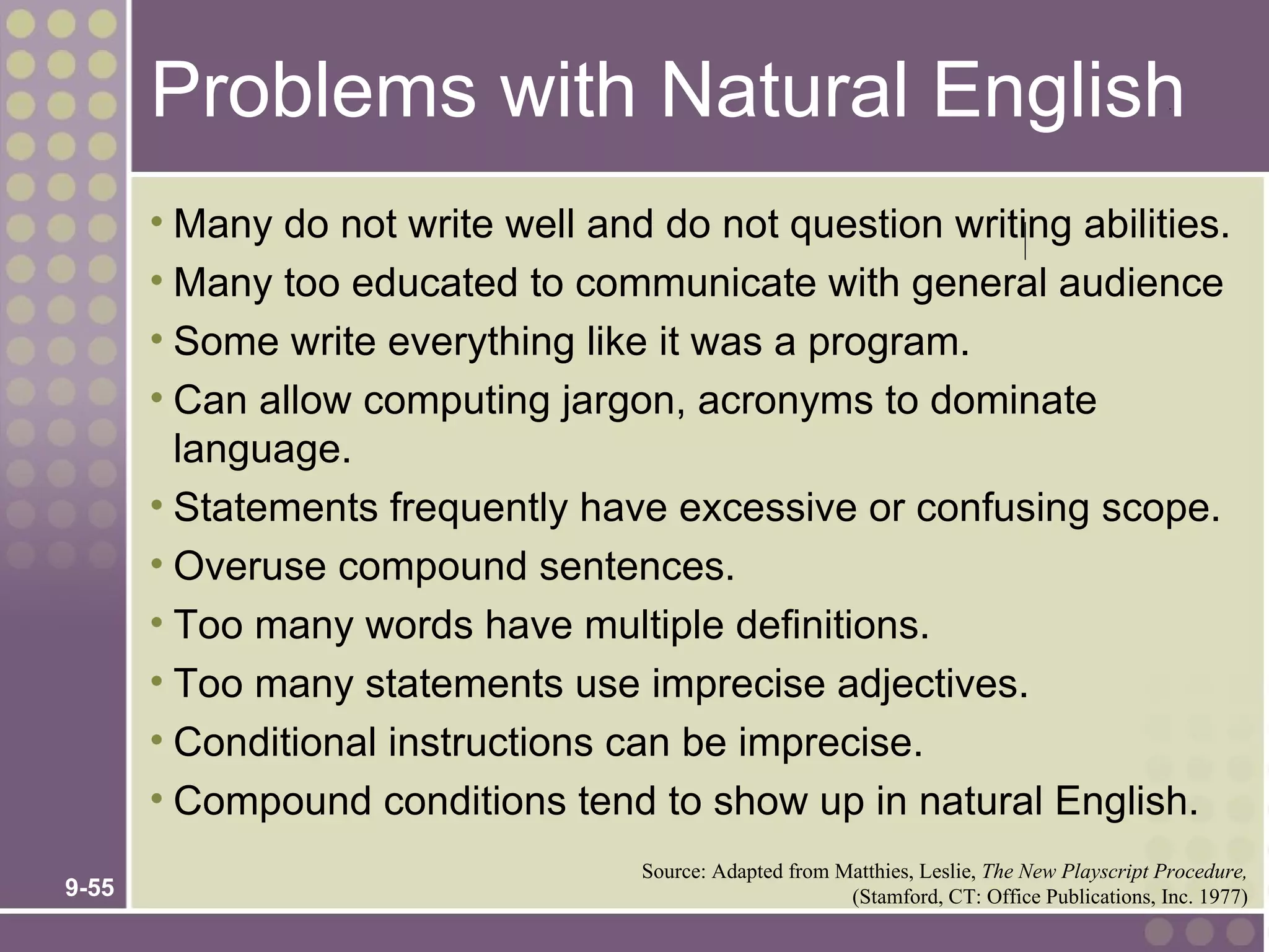 Problems with Natural English
       • Many do not write well and do not question writing abilities.
       • Many too educated to communicate with general audience
       • Some write everything like it was a program.
       • Can allow computing jargon, acronyms to dominate
         language.
       • Statements frequently have excessive or confusing scope.
       • Overuse compound sentences.
       • Too many words have multiple definitions.
       • Too many statements use imprecise adjectives.
       • Conditional instructions can be imprecise.
       • Compound conditions tend to show up in natural English.
                                   Source: Adapted from Matthies, Leslie, The New Playscript Procedure,
9-55                                                     (Stamford, CT: Office Publications, Inc. 1977)
 