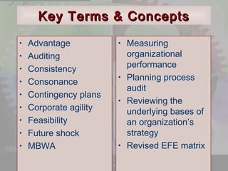 KKeeyy TTeerrmmss & CCoonncceeppttss 
© 2001 Prentice Hall 
Ch. 9-37 
• Advantage 
• Auditing 
• Consistency 
• Consonance 
• Contingency plans 
• Corporate agility 
• Feasibility 
• Future shock 
• MBWA 
• Measuring 
organizational 
performance 
• Planning process 
audit 
• Reviewing the 
underlying bases of 
an organization’s 
strategy 
• Revised EFE matrix 
 