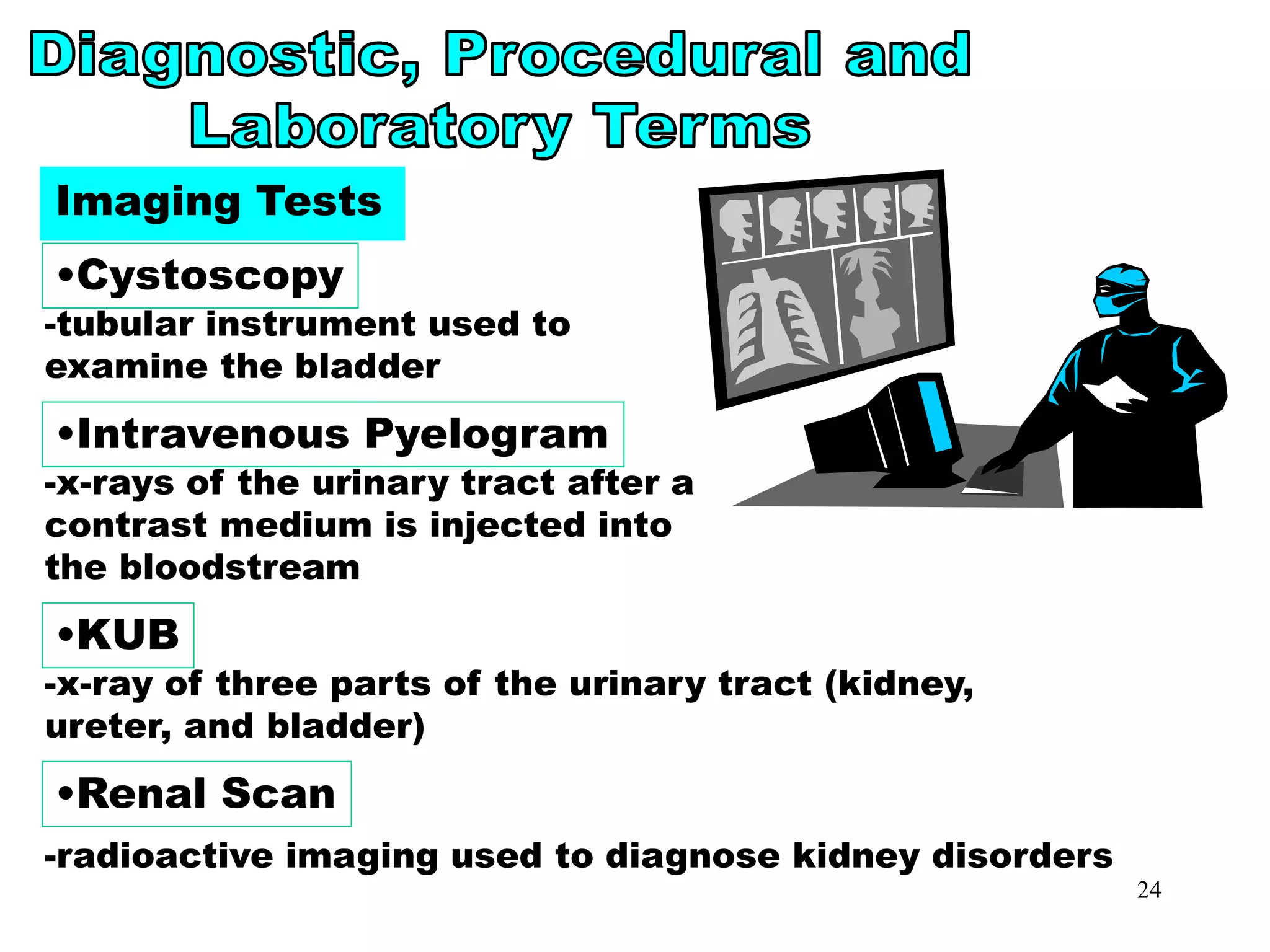 24
Imaging Tests
Imaging Tests
•Cystoscopy
-tubular instrument used to
examine the bladder
•Intravenous Pyelogram
-x-rays of the urinary tract after a
contrast medium is injected into
the bloodstream
•KUB
-x-ray of three parts of the urinary tract (kidney,
ureter, and bladder)
•Renal Scan
-radioactive imaging used to diagnose kidney disorders
 