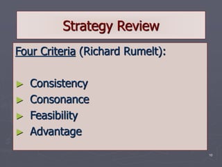 10
Strategy Review
Four Criteria (Richard Rumelt):
► Consistency
► Consonance
► Feasibility
► Advantage
 
