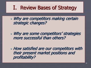 19
I. Review Bases of Strategy
• Why are competitors making certain
strategic changes?
• Why are some competitors’ strategies
more successful than others?
• How satisfied are our competitors with
their present market positions and
profitability?
 