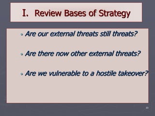 23
I. Review Bases of Strategy
• Are our external threats still threats?
• Are there now other external threats?
• Are we vulnerable to a hostile takeover?
 