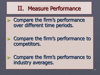 24
II. Measure Performance
► Compare the firm’s performance
over different time periods.
► Compare the firm’s performance to
competitors.
► Compare the firm’s performance to
industry averages.
 