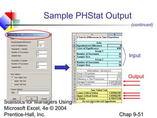 Statistics for Managers Using
Microsoft Excel, 4e © 2004
Prentice-Hall, Inc. Chap 9-51
Sample PHStat Output
Input
Output
(continued)
 