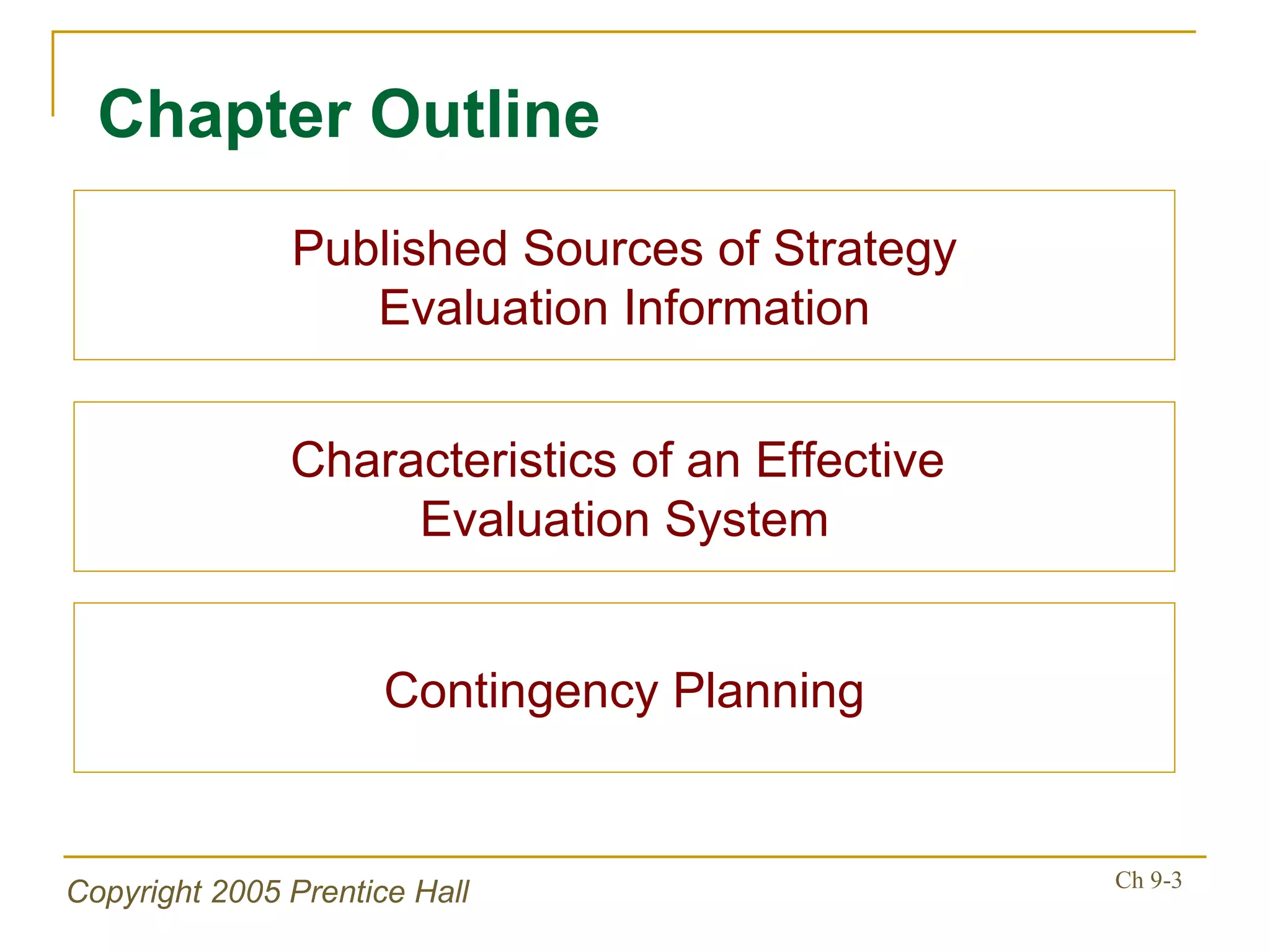 Chapter Outline Published Sources of Strategy Evaluation Information Characteristics of an Effective  Evaluation System Contingency Planning 