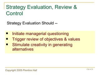 Strategy Evaluation, Review & Control Initiate managerial questioning Trigger review of objectives & values Stimulate creativity in generating alternatives Strategy Evaluation Should -- 
