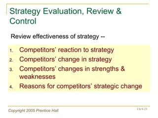 Strategy Evaluation, Review & Control Competitors’ reaction to strategy Competitors’ change in strategy Competitors’ changes in strengths & weaknesses Reasons for competitors’ strategic change Review effectiveness of strategy -- 