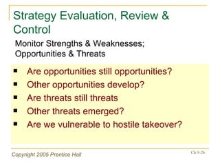 Strategy Evaluation, Review & Control Are opportunities still opportunities? Other opportunities develop? Are threats still threats Other threats emerged? Are we vulnerable to hostile takeover? Monitor Strengths & Weaknesses; Opportunities & Threats 