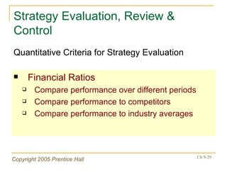 Strategy Evaluation, Review & Control Financial Ratios Compare performance over different periods Compare performance to competitors Compare performance to industry averages Quantitative Criteria for Strategy Evaluation 