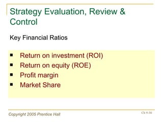 Strategy Evaluation, Review & Control Return on investment (ROI) Return on equity (ROE) Profit margin Market Share Key Financial Ratios 