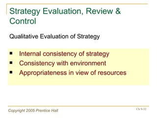 Strategy Evaluation, Review & Control Internal consistency of strategy Consistency with environment Appropriateness in view of resources Qualitative Evaluation of Strategy 