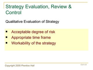 Strategy Evaluation, Review & Control Acceptable degree of risk Appropriate time frame Workability of the strategy Qualitative Evaluation of Strategy 