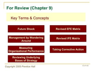 Key Terms & Concepts For Review (Chapter 9) Management by Wandering Around Revised EFE Matrix Measuring  Organizational Performance Revised IFE Matrix Taking Corrective Action Reviewing Underlying Bases of Strategy Future Shock 