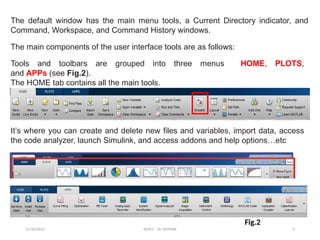12/10/2024 EE421 Dr. AMMAR 6
The default window has the main menu tools, a Current Directory indicator, and
Command, Workspace, and Command History windows.
The main components of the user interface tools are as follows:
Tools and toolbars are grouped into three menus HOME, PLOTS,
and APPs (see Fig.2).
The HOME tab contains all the main tools.
It’s where you can create and delete new files and variables, import data, access
the code analyzer, launch Simulink, and access addons and help options…etc
Fig.2
 