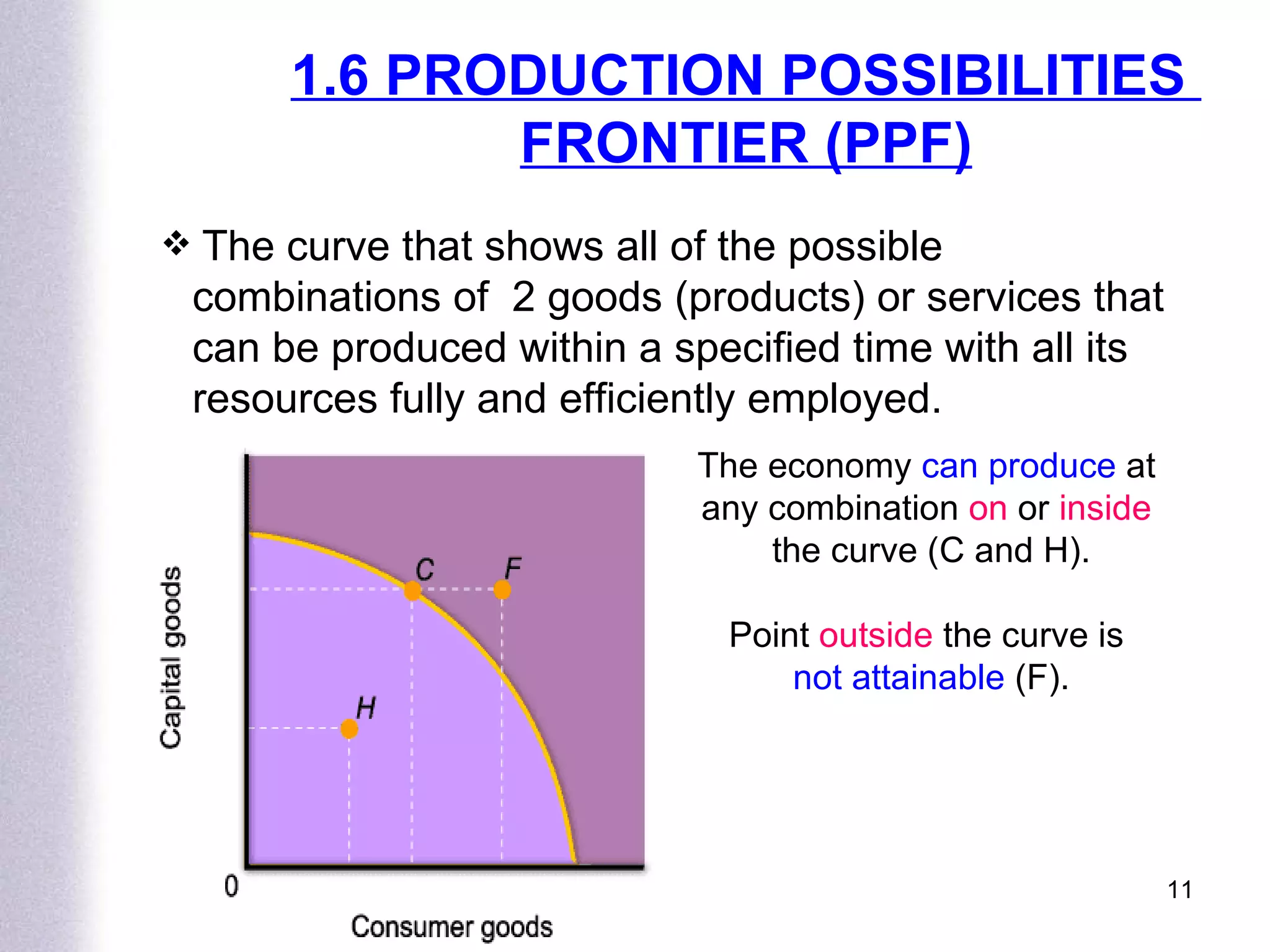 1.6 PRODUCTION POSSIBILITIES  FRONTIER (PPF) The curve that shows all of the possible combinations of  2 goods (products) or services that can be produced within a specified time with all its resources fully and efficiently employed. The economy  can produce  at  any combination  on  or  inside   the curve (C and H). Point  outside  the curve is  not attainable  (F). 