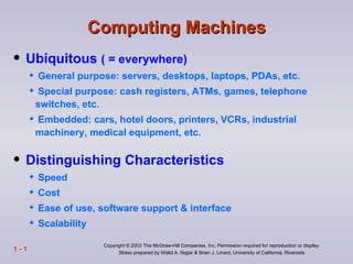 Computing Machines
   Ubiquitous ( = everywhere)
       General purpose: servers, desktops, laptops, PDAs, etc.
       Special purpose: cash registers, ATMs, games, telephone
       switches, etc.
       Embedded: cars, hotel doors, printers, VCRs, industrial
       machinery, medical equipment, etc.

   Distinguishing Characteristics
       Speed
       Cost
       Ease of use, software support & interface
       Scalability

                       Copyright © 2003 The McGraw-Hill Companies, Inc. Permission required for reproduction or display.
1-1                          Slides prepared by Walid A. Najjar & Brian J. Linard, University of California, Riverside
 