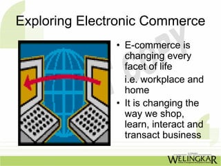 Exploring Electronic Commerce
               • E-commerce is
                 changing every
                 facet of life
                 i.e. workplace and
                 home
               • It is changing the
                 way we shop,
                 learn, interact and
                 transact business
 