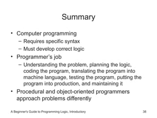 Summary
• Computer programming
– Requires specific syntax
– Must develop correct logic

• Programmer’s job
– Understanding the problem, planning the logic,
coding the program, translating the program into
machine language, testing the program, putting the
program into production, and maintaining it

• Procedural and object-oriented programmers
approach problems differently
A Beginner's Guide to Programming Logic, Introductory

38

 
