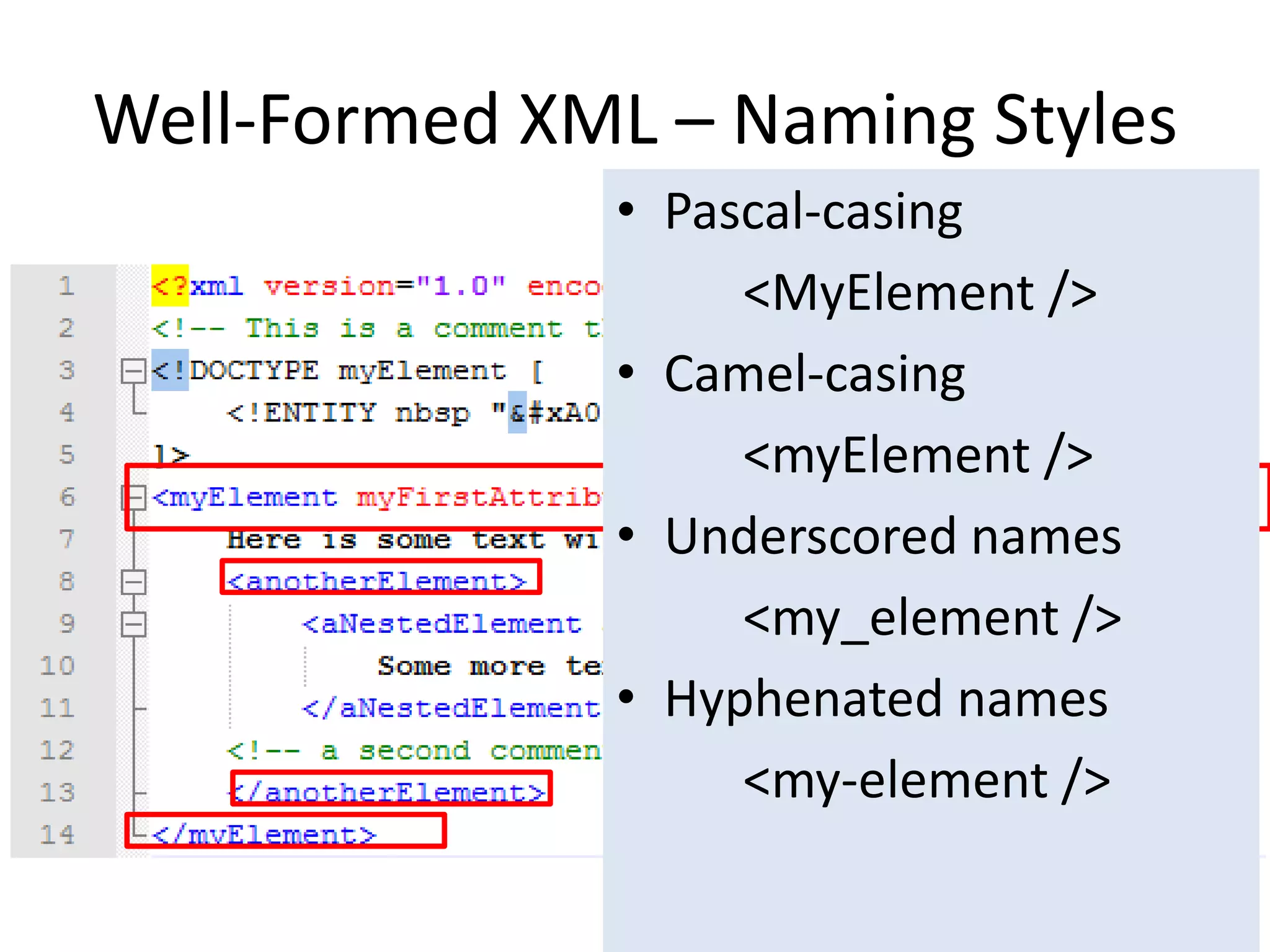 Well-Formed XML – Naming Styles
• Pascal-casing
<MyElement />
• Camel-casing
<myElement />
• Underscored names
<my_element />
• Hyphenated names
<my-element />
 