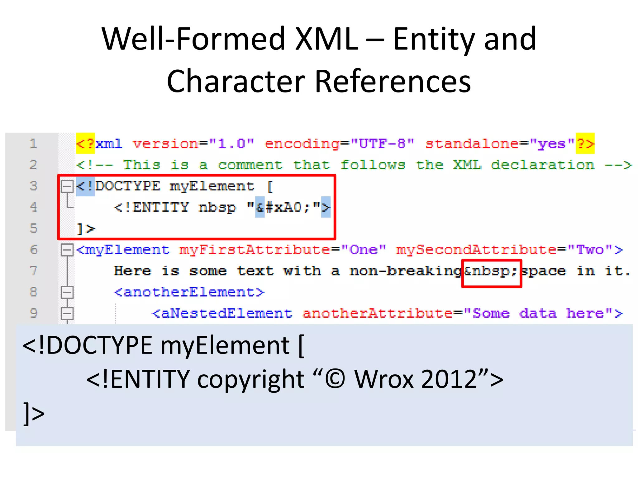 Well-Formed XML – Entity and
Character References
<!DOCTYPE myElement [
<!ENTITY copyright “© Wrox 2012”>
]>
 