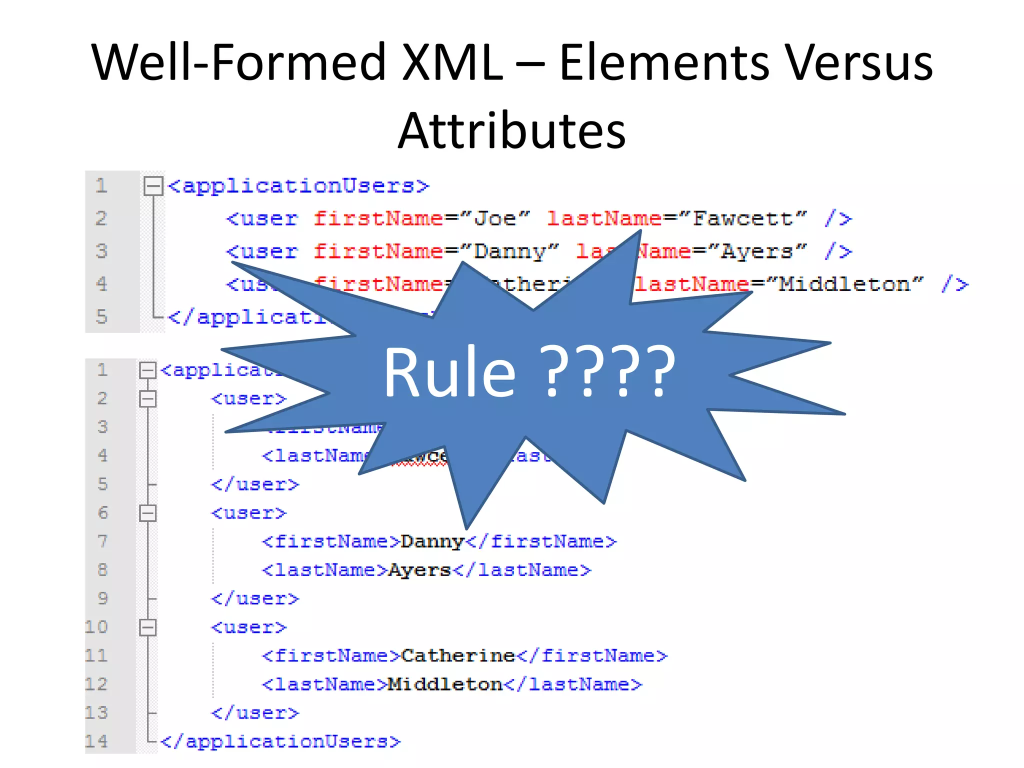 Well-Formed XML – Elements Versus
Attributes
Rule ????
 
