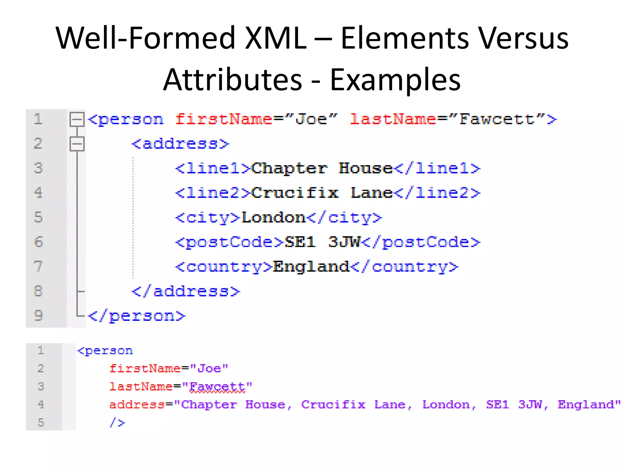Well-Formed XML – Elements Versus
Attributes - Examples
 