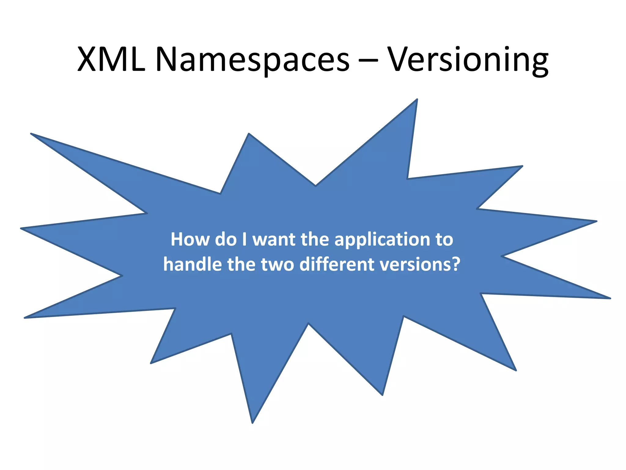 XML Namespaces – Versioning
How do I want the application to
handle the two different versions?
 