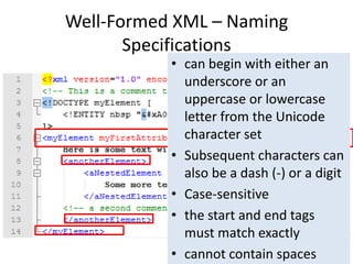 Well-Formed XML – Naming
Specifications
• can begin with either an
underscore or an
uppercase or lowercase
letter from the Unicode
character set
• Subsequent characters can
also be a dash (-) or a digit
• Case-sensitive
• the start and end tags
must match exactly
• cannot contain spaces
 