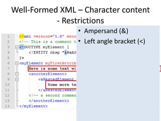 Well-Formed XML – Character content
- Restrictions
• Ampersand (&)
• Left angle bracket (<)
 