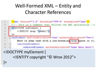 Well-Formed XML – Entity and
Character References
<!DOCTYPE myElement [
<!ENTITY copyright “© Wrox 2012”>
]>
 