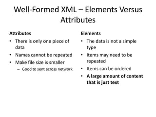 Well-Formed XML – Elements Versus
Attributes
Attributes
• There is only one piece of
data
• Names cannot be repeated
• Make file size is smaller
– Good to sent across network
Elements
• The data is not a simple
type
• Items may need to be
repeated
• Items can be ordered
• A large amount of content
that is just text
 