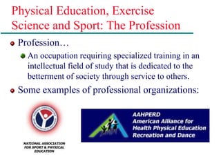 Physical Education, Exercise
Science and Sport: The Profession
Profession…
An occupation requiring specialized training in an
intellectual field of study that is dedicated to the
betterment of society through service to others.
Some examples of professional organizations:
 