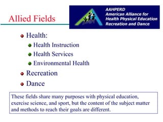 Allied Fields
Health:
Health Instruction
Health Services
Environmental Health
Recreation
Dance
These fields share many purposes with physical education,
exercise science, and sport, but the content of the subject matter
and methods to reach their goals are different.
 