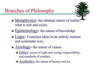 Branches of Philosophy
Metaphysics- the ultimate nature of reality;
what is real and exists.
Epistemology- the nature of knowledge
Logic- Examines ideas in an orderly manner
and systematic way.
Axiology- the nature of values
Ethics: issues of right and wrong, responsibility,
and standards of conduct.
Aesthetics: the nature of beauty and art.
 