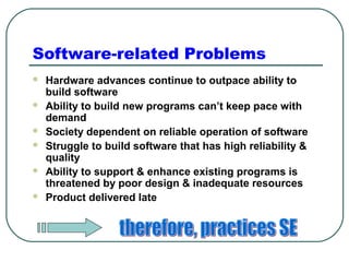 Software-related Problems 
 Hardware advances continue to outpace ability to 
build software 
 Ability to build new programs can’t keep pace with 
demand 
 Society dependent on reliable operation of software 
 Struggle to build software that has high reliability & 
quality 
 Ability to support & enhance existing programs is 
threatened by poor design & inadequate resources 
 Product delivered late 
 