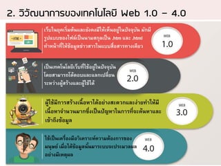 เว็บในยุคเริ่มต้นและยังคงมีให้เห็นอยู่ในปัจจุบัน มักมี
รูปแบบของไฟล์เป็นนามสกุลเป็น .htm และ .html
ทาหน้าที่ให้ข้อมูลข่าวสารในแบบสื่อสารทางเดียว
เป็นเทคโนโลยีเว็บที่ใช้อยู่ในปัจจุบัน
โดยสามารถโต้ตอบและแลกเปลี่ยน
ระหว่างผู้สร้างและผู้ใช้ได้
ใช้เป็นเครื่องมือวิเคราะห์ความต้องการของ
มนุษย์ เมื่อได้ข้อมูลนั้นมาระบบจะประมวลผล
อย่างมีเหตุผล
ผู้ใช้มีการสร้างเนื้อหาได้อย่างสะดวกและง่ายทาให้มี
เนื้อหาจานวนมากซึ่งเป็นปัญหาในการที่จะค้นหาและ
เข้าถึงข้อมูล
 