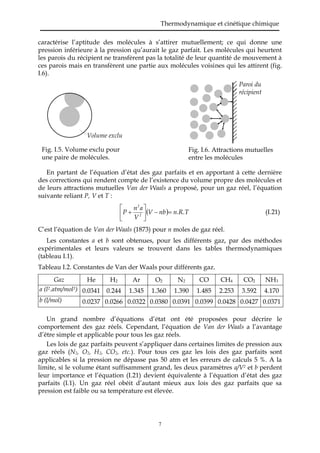 Thermodynamique et cinétique chimique
7
caractérise l’aptitude des molécules à s’attirer mutuellement; ce qui donne une
pression inférieure à la pression qu’aurait le gaz parfait. Les molécules qui heurtent
les parois du récipient ne transfèrent pas la totalité de leur quantité de mouvement à
ces parois mais en transfèrent une partie aux molécules voisines qui les attirent (fig.
I.6).
En partant de l’équation d’état des gaz parfaits et en apportant à cette dernière
des corrections qui rendent compte de l’existence du volume propre des molécules et
de leurs attractions mutuelles Van der Waals a proposé, pour un gaz réel, l’équation
suivante reliant P, V et T :
  n.R.TnbV
V
an
P 2
2






 (I.21)
C’est l’équation de Van der Waals (1873) pour n moles de gaz réel.
Les constantes a et b sont obtenues, pour les différents gaz, par des méthodes
expérimentales et leurs valeurs se trouvent dans les tables thermodynamiques
(tableau I.1).
Tableau I.2. Constantes de Van der Waals pour différents gaz.
Gaz He H2 Ar O2 N2 CO CH4 CO2 NH3
a (l2.atm/mol2) 0.0341 0.244 1.345 1.360 1.390 1.485 2.253 3.592 4.170
b (l/mol) 0.0237 0.0266 0.0322 0.0380 0.0391 0.0399 0.0428 0.0427 0.0371
Un grand nombre d’équations d’état ont été proposées pour décrire le
comportement des gaz réels. Cependant, l’équation de Van der Waals a l’avantage
d’être simple et applicable pour tous les gaz réels.
Les lois de gaz parfaits peuvent s’appliquer dans certaines limites de pression aux
gaz réels (N2, O2, H2, CO2, etc.). Pour tous ces gaz les lois des gaz parfaits sont
applicables si la pression ne dépasse pas 50 atm et les erreurs de calculs 5 %. A la
limite, si le volume étant suffisamment grand, les deux paramètres a/V2 et b perdent
leur importance et l’équation (I.21) devient équivalente à l’équation d’état des gaz
parfaits (I.1). Un gaz réel obéit d’autant mieux aux lois des gaz parfaits que sa
pression est faible ou sa température est élevée.
Volume exclu
Paroi du
récipient
Fig. I.5. Volume exclu pour
une paire de molécules.
Fig. I.6. Attractions mutuelles
entre les molécules
 
