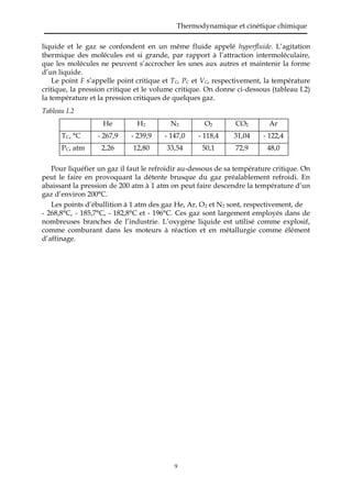 Thermodynamique et cinétique chimique
9
liquide et le gaz se confondent en un même fluide appelé hyperfluide. L’agitation
thermique des molécules est si grande, par rapport à l’attraction intermoléculaire,
que les molécules ne peuvent s’accrocher les unes aux autres et maintenir la forme
d’un liquide.
Le point F s’appelle point critique et TC, PC et VC, respectivement, la température
critique, la pression critique et le volume critique. On donne ci-dessous (tableau I.2)
la température et la pression critiques de quelques gaz.
Tableau I.2
He H2 N2 O2 CO2 Ar
TC, °C - 267,9 - 239,9 - 147,0 - 118,4 31,04 - 122,4
PC, atm 2,26 12,80 33,54 50,1 72,9 48,0
Pour liquéfier un gaz il faut le refroidir au-dessous de sa température critique. On
peut le faire en provoquant la détente brusque du gaz préalablement refroidi. En
abaissant la pression de 200 atm à 1 atm on peut faire descendre la température d’un
gaz d’environ 200°C.
Les points d’ébullition à 1 atm des gaz He, Ar, O2 et N2 sont, respectivement, de
- 268,8°C, - 185,7°C, - 182,8°C et - 196°C. Ces gaz sont largement employés dans de
nombreuses branches de l’industrie. L’oxygène liquide est utilisé comme explosif,
comme comburant dans les moteurs à réaction et en métallurgie comme élément
d’affinage.
 