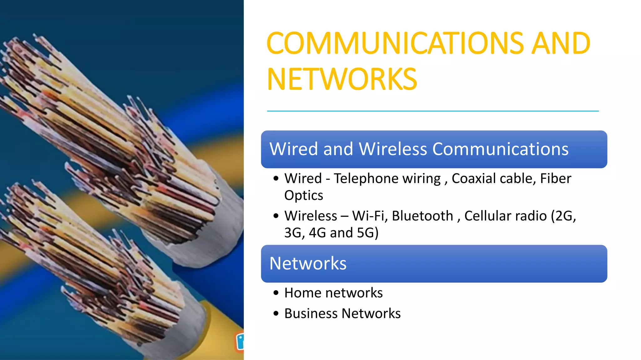 COMMUNICATIONS AND
NETWORKS
Wired and Wireless Communications
• Wired - Telephone wiring , Coaxial cable, Fiber
Optics
• Wireless – Wi-Fi, Bluetooth , Cellular radio (2G,
3G, 4G and 5G)
Networks
• Home networks
• Business Networks
 