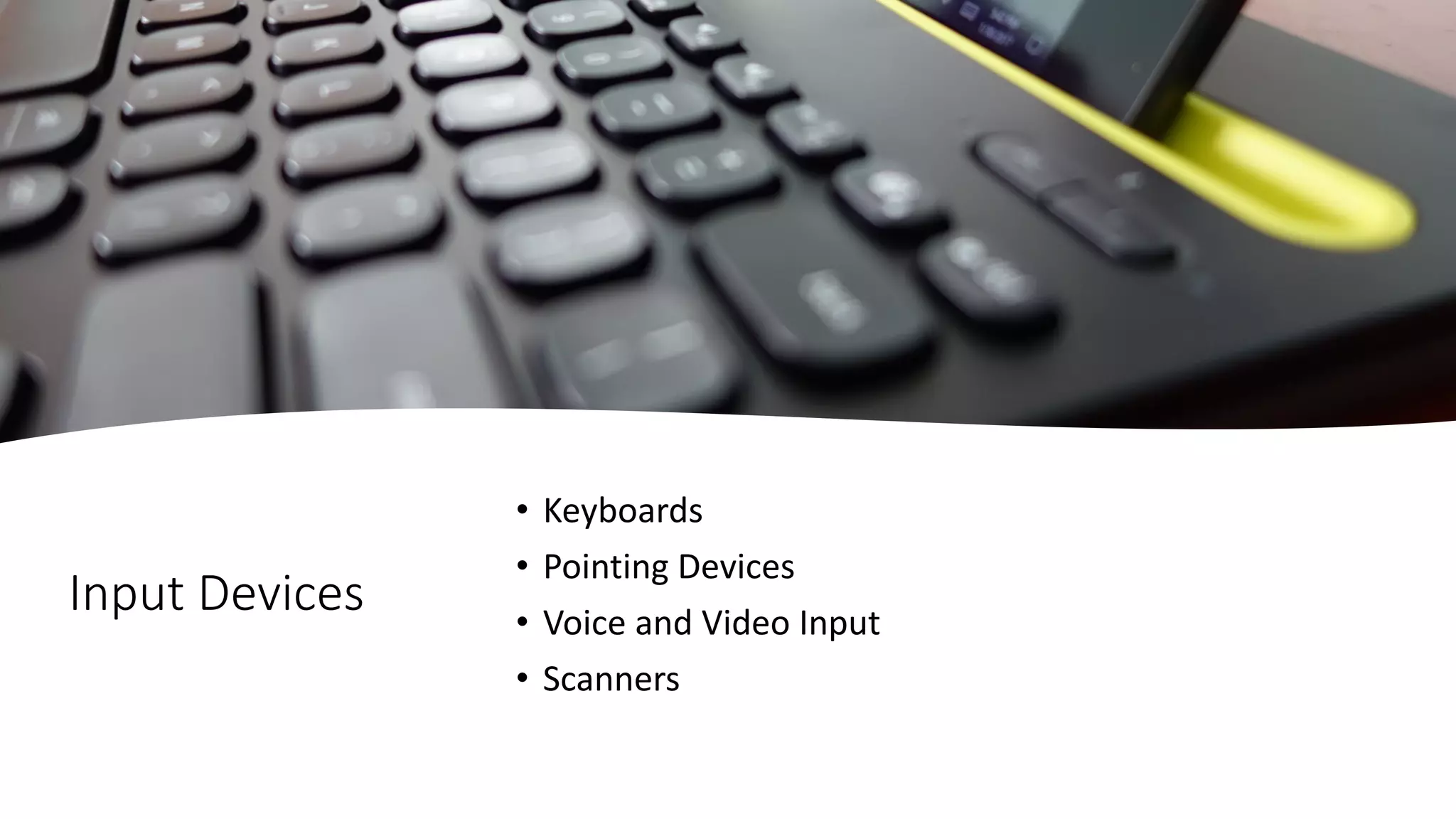 Input Devices
• Keyboards
• Pointing Devices
• Voice and Video Input
• Scanners
 