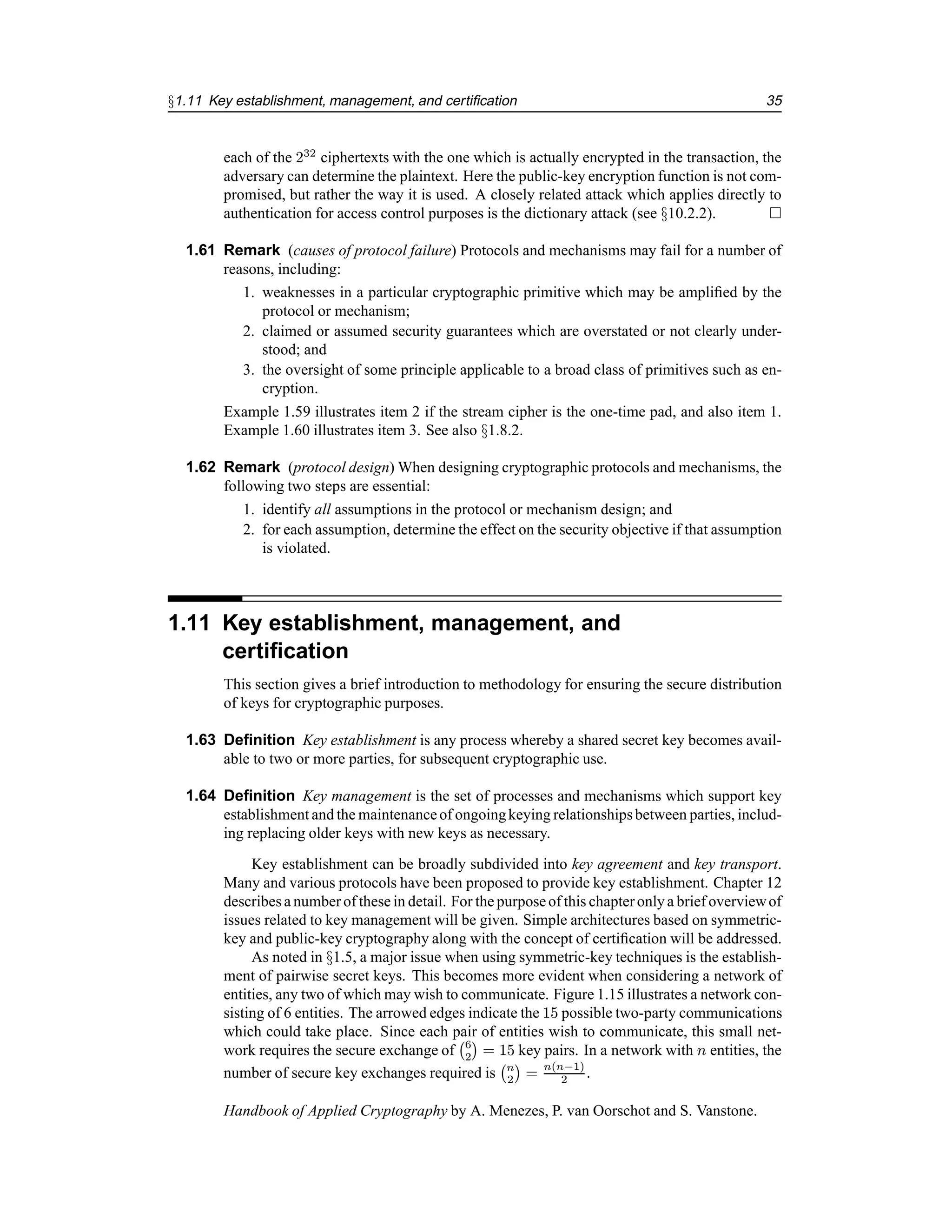 §1.11 Key establishment, management, and certification 35
each of the 232
ciphertexts with the one which is actually encrypted in the transaction, the
adversary can determine the plaintext. Here the public-key encryption function is not com-
promised, but rather the way it is used. A closely related attack which applies directly to
authentication for access control purposes is the dictionary attack (see §10.2.2). 
1.61 Remark (causes of protocol failure) Protocols and mechanisms may fail for a number of
reasons, including:
1. weaknesses in a particular cryptographic primitive which may be amplified by the
protocol or mechanism;
2. claimed or assumed security guarantees which are overstated or not clearly under-
stood; and
3. the oversight of some principle applicable to a broad class of primitives such as en-
cryption.
Example 1.59 illustrates item 2 if the stream cipher is the one-time pad, and also item 1.
Example 1.60 illustrates item 3. See also §1.8.2.
1.62 Remark (protocol design) When designing cryptographic protocols and mechanisms, the
following two steps are essential:
1. identify all assumptions in the protocol or mechanism design; and
2. for each assumption, determine the effect on the security objective if that assumption
is violated.
1.11 Key establishment, management, and
certification
This section gives a brief introduction to methodology for ensuring the secure distribution
of keys for cryptographic purposes.
1.63 Definition Key establishment is any process whereby a shared secret key becomes avail-
able to two or more parties, for subsequent cryptographic use.
1.64 Definition Key management is the set of processes and mechanisms which support key
establishment and the maintenanceof ongoingkeying relationshipsbetween parties, includ-
ing replacing older keys with new keys as necessary.
Key establishment can be broadly subdivided into key agreement and key transport.
Many and various protocols have been proposed to provide key establishment. Chapter 12
describes a numberof these in detail. For the purposeof this chapteronlya brief overviewof
issues related to key management will be given. Simple architectures based on symmetric-
key and public-key cryptography along with the concept of certification will be addressed.
As noted in §1.5, a major issue when using symmetric-key techniques is the establish-
ment of pairwise secret keys. This becomes more evident when considering a network of
entities, any two of which may wish to communicate. Figure 1.15 illustrates a network con-
sisting of 6 entities. The arrowed edges indicate the 15 possible two-party communications
which could take place. Since each pair of entities wish to communicate, this small net-
work requires the secure exchange of 6
2

= 15 key pairs. In a network with n entities, the
number of secure key exchanges required is n
2

= n(n−1)
2 .
Handbook of Applied Cryptography by A. Menezes, P. van Oorschot and S. Vanstone.
 