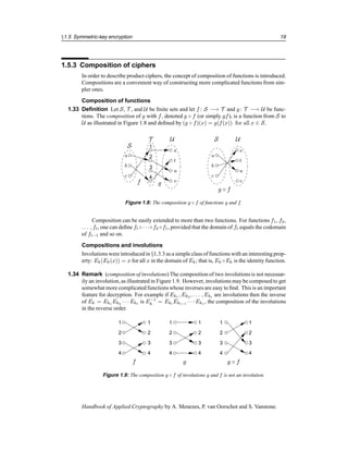 §1.5 Symmetric-key encryption 19
1.5.3 Composition of ciphers
In order to describe product ciphers, the concept of composition of functions is introduced.
Compositions are a convenient way of constructing more complicated functions from sim-
pler ones.
Composition of functions
1.33 Definition Let S, T , and U be finite sets and let f : S −→ T and g: T −→ U be func-
tions. The composition of g with f, denoted g ◦ f (or simply gf), is a function from S to
U as illustrated in Figure 1.8 and defined by (g ◦ f)(x) = g(f(x)) for all x ∈ S.
s
t
u
v
1
2
3
4
s
t
u
v
a
b
c
a
b
c
S
T U S U
g ◦ f
f g
Figure 1.8: The composition g ◦ f of functions g and f.
Composition can be easily extended to more than two functions. For functions f1, f2,
. . . , ft, one can define ft ◦· · ·◦f2 ◦f1, provided that the domain of ft equals the codomain
of ft−1 and so on.
Compositions and involutions
Involutionswere introducedin §1.3.3 as a simple class of functions with an interesting prop-
erty: Ek(Ek(x)) = x for all x in the domain of Ek; that is, Ek ◦Ek is the identity function.
1.34 Remark (composition of involutions) The composition of two involutions is not necessar-
ily an involution, as illustrated in Figure 1.9. However, involutions may be composed to get
somewhat more complicated functions whose inverses are easy to find. This is an important
feature for decryption. For example if Ek1 , Ek2 , . . . , Ekt are involutions then the inverse
of Ek = Ek1 Ek2 · · · Ekt is E−1
k = Ekt Ekt−1 · · · Ek1 , the composition of the involutions
in the reverse order.
1
2
3
4 4
3
2
1
4
3
2
1 1
2
3
4 4
2
1
3
4
3
2
1
f g g ◦ f
Figure 1.9: The composition g ◦ f of involutions g and f is not an involution.
Handbook of Applied Cryptography by A. Menezes, P. van Oorschot and S. Vanstone.
 