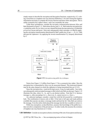 26 Ch. 1 Overview of Cryptography
simply means to describe the encryption and decryption functions, respectively.) Ee is be-
ing viewed here as a trapdoor one-way function (Definition 1.16) with d being the trapdoor
information necessary to compute the inverse function and hence allow decryption. This is
unlike symmetric-key ciphers where e and d are essentially the same.
Under these assumptions, consider the two-party communication between Alice and
Bob illustrated in Figure 1.11. Bob selects the key pair (e, d). Bob sends the encryption key
e (called the public key) to Alice over any channel but keeps the decryptionkey d (called the
private key) secure and secret. Alice may subsequently send a message m to Bob by apply-
ing the encryption transformation determined by Bob’s public key to get c = Ee(m). Bob
decrypts the ciphertext c by applying the inverse transformation Dd uniquely determined
by d.
e
m
c
Dd(c) = m
d
m
UNSECURED CHANNEL
Ee(m) = c UNSECURED CHANNEL
Alice Bob
encryption
destination
plaintext
source
key
source
decryption
Passive
Adversary
Figure 1.11: Encryption using public-key techniques.
Notice how Figure 1.11 differs from Figure 1.7 for a symmetric-key cipher. Here the
encryption key is transmitted to Alice over an unsecured channel. This unsecured channel
may be the same channel on which the ciphertext is being transmitted (but see §1.8.2).
Since the encryption key e need not be kept secret, it may be made public. Any entity
can subsequently send encrypted messages to Bob which only Bob can decrypt. Figure 1.12
illustrates this idea, where A1, A2, and A3 are distinct entities. Note that if A1 destroys
message m1 after encrypting it to c1, then even A1 cannot recover m1 from c1.
As a physical analogue, consider a metal box with the lid secured by a combination
lock. The combination is known only to Bob. If the lock is left open and made publicly
available then anyone can place a message inside and lock the lid. Only Bob can retrieve
the message. Even the entity which placed the message into the box is unable to retrieve it.
Public-key encryption, as described here, assumes that knowledge of the public key e
does not allow computation of the private key d. In other words, this assumes the existence
of trapdoor one-way functions (§1.3.1(iii)).
1.50 Definition Consider an encryptionscheme consistingof the sets of encryptionand decryp-
c

1997 by CRC Press, Inc. — See accompanying notice at front of chapter.
 