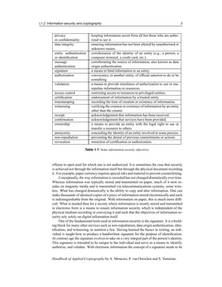 §1.2 Information security and cryptography 3
privacy
or confidentiality
keeping information secret from all but those who are autho-
rized to see it.
data integrity ensuring information has not been altered by unauthorized or
unknown means.
entity authentication
or identification
corroboration of the identity of an entity (e.g., a person, a
computer terminal, a credit card, etc.).
message
authentication
corroborating the source of information; also known as data
origin authentication.
signature a means to bind information to an entity.
authorization conveyance, to another entity, of official sanction to do or be
something.
validation a means to provide timeliness of authorization to use or ma-
nipulate information or resources.
access control restricting access to resources to privileged entities.
certification endorsement of information by a trusted entity.
timestamping recording the time of creation or existence of information.
witnessing verifying the creation or existence of information by an entity
other than the creator.
receipt acknowledgement that information has been received.
confirmation acknowledgement that services have been provided.
ownership a means to provide an entity with the legal right to use or
transfer a resource to others.
anonymity concealing the identity of an entity involved in some process.
non-repudiation preventing the denial of previous commitments or actions.
revocation retraction of certification or authorization.
Table 1.1: Some information security objectives.
offense to open mail for which one is not authorized. It is sometimes the case that security
is achieved not through the information itself but through the physical document recording
it. For example, paper currency requires special inks and material to prevent counterfeiting.
Conceptually, the way information is recorded has not changed dramatically over time.
Whereas information was typically stored and transmitted on paper, much of it now re-
sides on magnetic media and is transmitted via telecommunications systems, some wire-
less. What has changed dramatically is the ability to copy and alter information. One can
make thousands of identical copies of a piece of information stored electronically and each
is indistinguishable from the original. With information on paper, this is much more diffi-
cult. What is needed then for a society where information is mostly stored and transmitted
in electronic form is a means to ensure information security which is independent of the
physical medium recording or conveying it and such that the objectives of information se-
curity rely solely on digital information itself.
One of the fundamental tools used in information security is the signature. It is a build-
ing block for many other services such as non-repudiation, data origin authentication, iden-
tification, and witnessing, to mention a few. Having learned the basics in writing, an indi-
vidual is taught how to produce a handwritten signature for the purpose of identification.
At contract age the signature evolves to take on a very integral part of the person’s identity.
This signature is intended to be unique to the individual and serve as a means to identify,
authorize, and validate. With electronic information the concept of a signature needs to be
Handbook of Applied Cryptography by A. Menezes, P. van Oorschot and S. Vanstone.
 