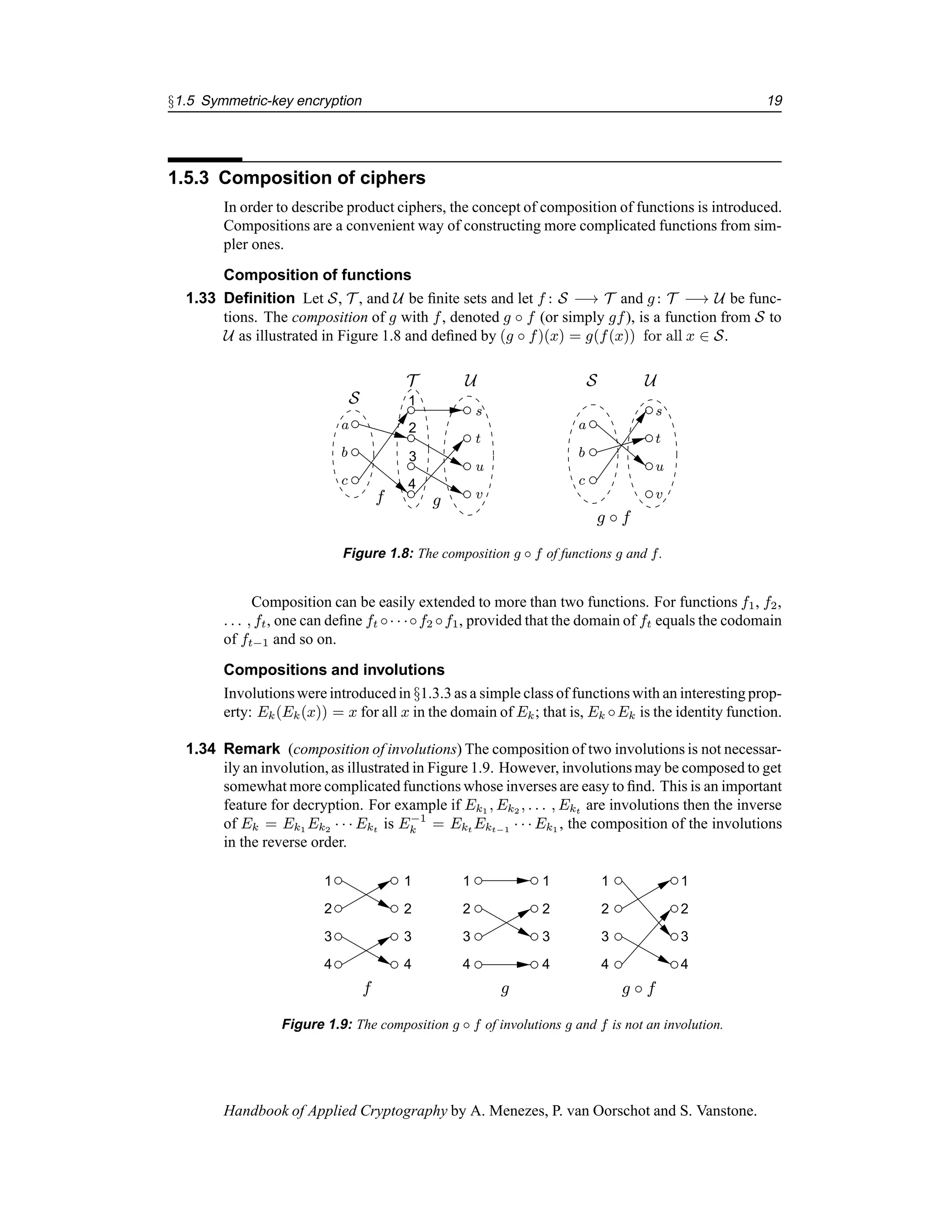 §1.5 Symmetric-key encryption 19
1.5.3 Composition of ciphers
In order to describe product ciphers, the concept of composition of functions is introduced.
Compositions are a convenient way of constructing more complicated functions from sim-
pler ones.
Composition of functions
1.33 Definition Let S, T , and U be finite sets and let f : S −→ T and g: T −→ U be func-
tions. The composition of g with f, denoted g ◦ f (or simply gf), is a function from S to
U as illustrated in Figure 1.8 and defined by (g ◦ f)(x) = g(f(x)) for all x ∈ S.
s
t
u
v
1
2
3
4
s
t
u
v
a
b
c
a
b
c
S
T U S U
g ◦ f
f g
Figure 1.8: The composition g ◦ f of functions g and f.
Composition can be easily extended to more than two functions. For functions f1, f2,
. . . , ft, one can define ft ◦· · ·◦f2 ◦f1, provided that the domain of ft equals the codomain
of ft−1 and so on.
Compositions and involutions
Involutionswere introducedin §1.3.3 as a simple class of functions with an interesting prop-
erty: Ek(Ek(x)) = x for all x in the domain of Ek; that is, Ek ◦Ek is the identity function.
1.34 Remark (composition of involutions) The composition of two involutions is not necessar-
ily an involution, as illustrated in Figure 1.9. However, involutions may be composed to get
somewhat more complicated functions whose inverses are easy to find. This is an important
feature for decryption. For example if Ek1 , Ek2 , . . . , Ekt are involutions then the inverse
of Ek = Ek1 Ek2 · · · Ekt is E−1
k = Ekt Ekt−1 · · · Ek1 , the composition of the involutions
in the reverse order.
1
2
3
4 4
3
2
1
4
3
2
1 1
2
3
4 4
2
1
3
4
3
2
1
f g g ◦ f
Figure 1.9: The composition g ◦ f of involutions g and f is not an involution.
Handbook of Applied Cryptography by A. Menezes, P. van Oorschot and S. Vanstone.
 