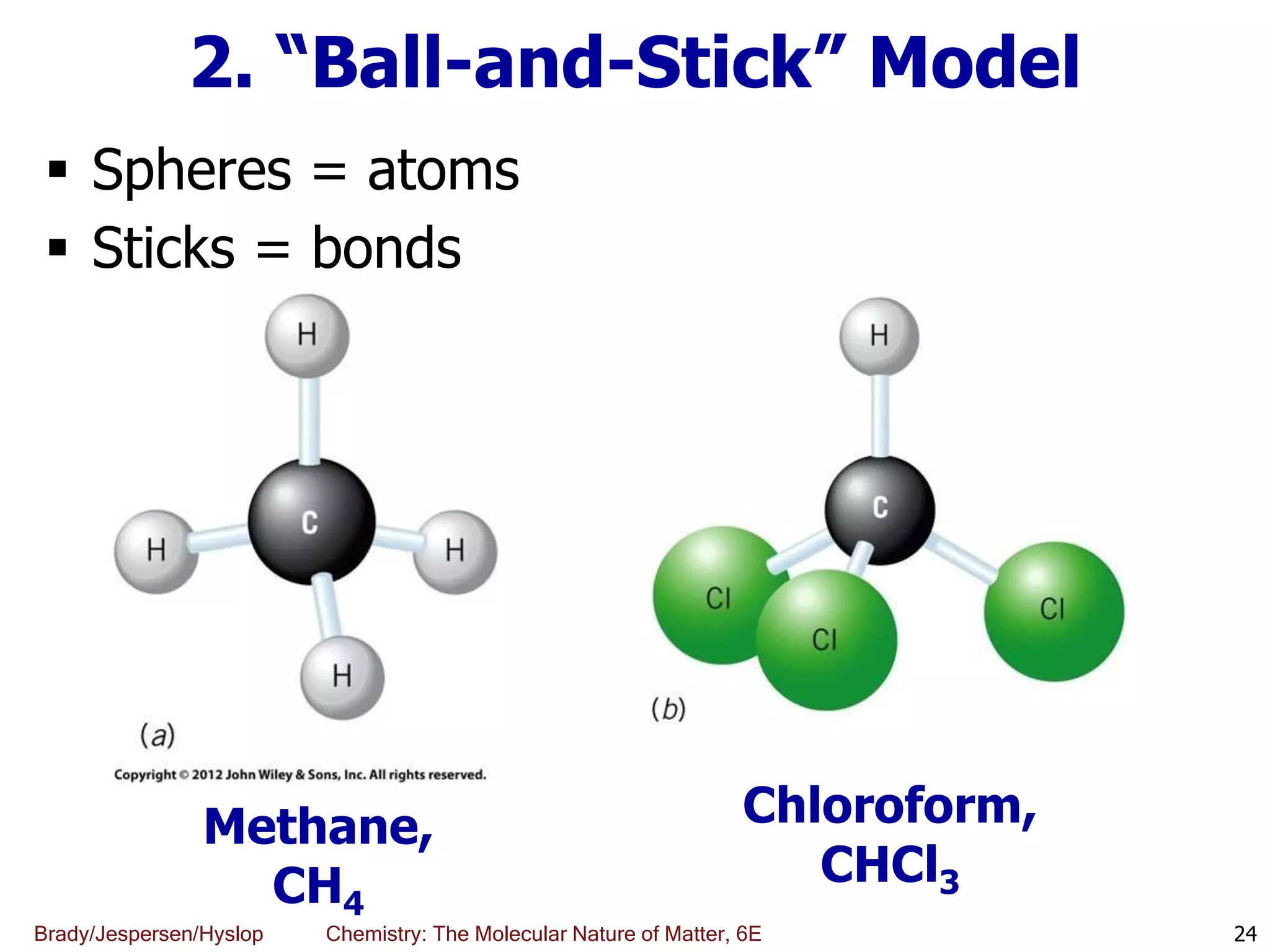 Brady/Jespersen/Hyslop Chemistry: The Molecular Nature of Matter, 6E
2. “Ball-and-Stick” Model
 Spheres = atoms
 Sticks = bonds
24
Chloroform,
CHCl3
Methane,
CH4
 