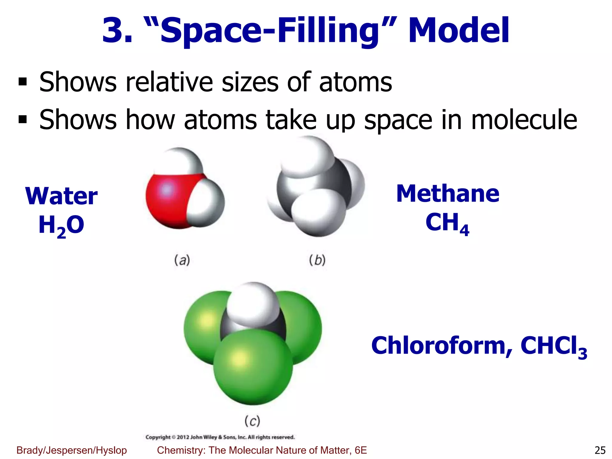 Brady/Jespersen/Hyslop Chemistry: The Molecular Nature of Matter, 6E
3. “Space-Filling” Model
 Shows relative sizes of atoms
 Shows how atoms take up space in molecule
25
Chloroform, CHCl3
Methane
CH4
Water
H2O
 
